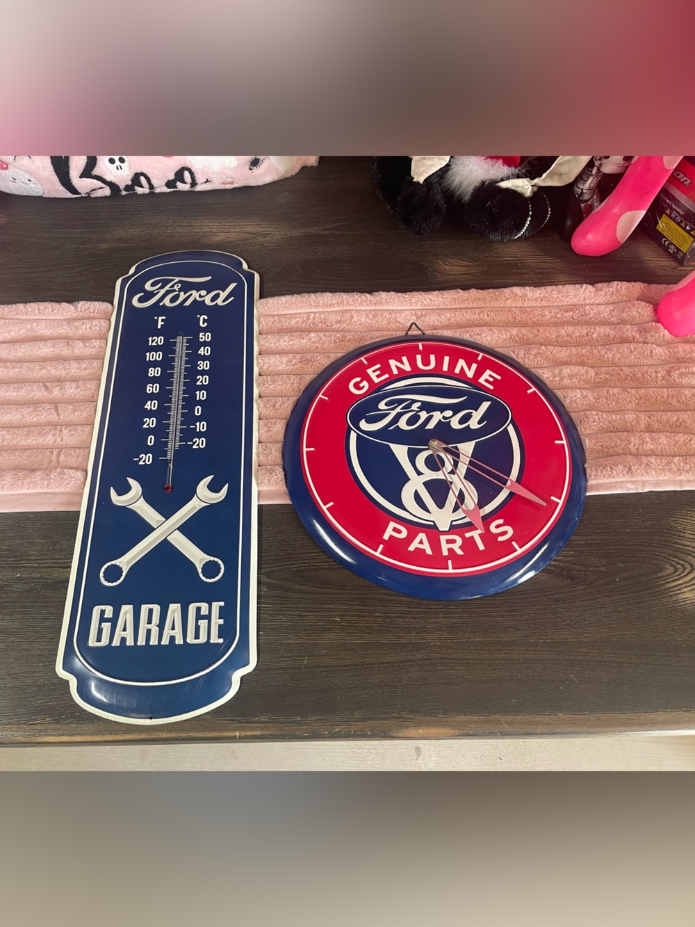 Ford Red and Blue Genuine Parts Clock with Garage Thermometer Sign